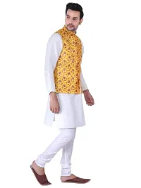 Sadree Men's Silk Kurta Pyjama with Stylish Yellow Floral Nehru Jacket (38, White)-thumb1