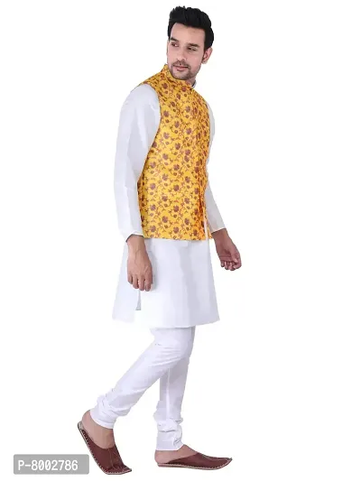 Sadree Men's Silk Kurta Pyjama with Stylish Yellow Floral Nehru Jacket (38, White)-thumb2