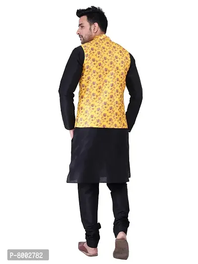 Sadree Men's Silk Kurta Pyjama with Stylish Yellow Floral Nehru Jacket (40, Black)-thumb4