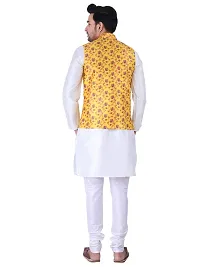 Sadree Men's Silk Kurta Pyjama with Stylish Yellow Floral Nehru Jacket (38, White)-thumb3