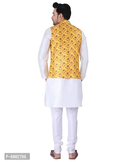 Sadree Men's Silk Kurta Pyjama with Stylish Yellow Floral Nehru Jacket (38, White)-thumb4