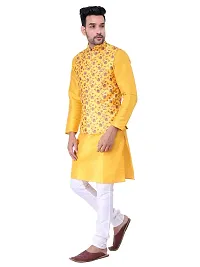 Sadree Men's Silk Kurta Pyjama with Stylish Yellow Floral Nehru Jacket | (Birthday,Wedding, Ceremony, Casual, Engagement) |Jacket  Kurta Pyjama Set-thumb2