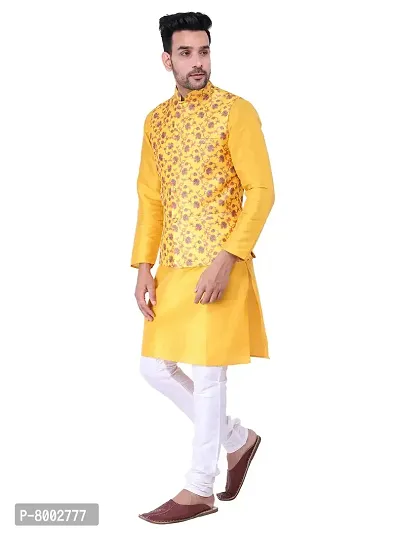 Sadree Men's Silk Kurta Pyjama with Stylish Yellow Floral Nehru Jacket | (Birthday,Wedding, Ceremony, Casual, Engagement) |Jacket  Kurta Pyjama Set-thumb3