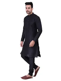 Sadree Men's Silk Kurta Pyjama Set Multi Design | Ban Collor Long Sleeve Dupion Silk Solid Kurta Churidar Pyjama for Men (44, Black)-thumb2