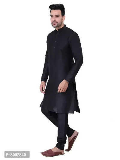 Sadree Men's Silk Kurta Pyjama Set Multi Design | Ban Collor Long Sleeve Dupion Silk Solid Kurta Churidar Pyjama for Men (44, Black)-thumb3