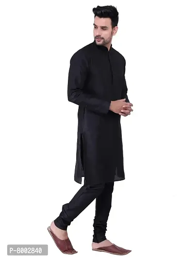 Sadree Men's Silk Kurta Pyjama Set Multi Design | Ban Collor Long Sleeve Dupion Silk Solid Kurta Churidar Pyjama for Men (44, Black)-thumb2