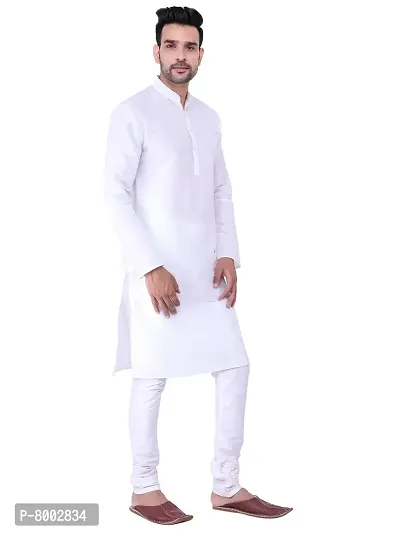 Sadree Men's Silk Kurta Pyjama Set Multi Design | Ban Collor Long Sleeve Dupion Silk Solid Kurta Churidar Pyjama for Men (42, White)-thumb2
