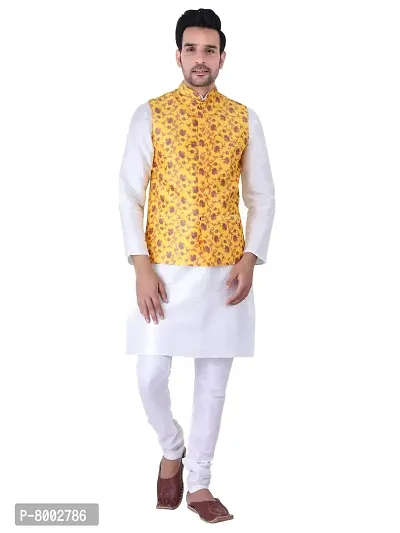 Sadree Men's Silk Kurta Pyjama with Stylish Yellow Floral Nehru Jacket (38, White)-thumb0