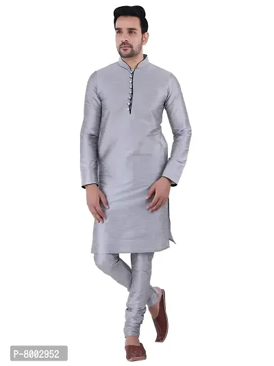 Sadree Men's Silk Kurta Pajama (42, SILVER)-thumb0