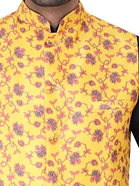 Sadree Men's Silk Kurta Pyjama with Stylish Yellow Floral Nehru Jacket (40, Black)-thumb4