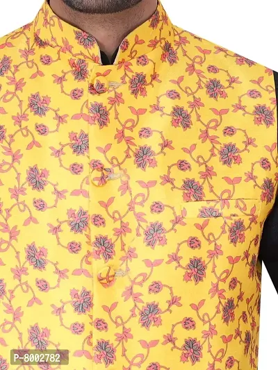 Sadree Men's Silk Kurta Pyjama with Stylish Yellow Floral Nehru Jacket (40, Black)-thumb5