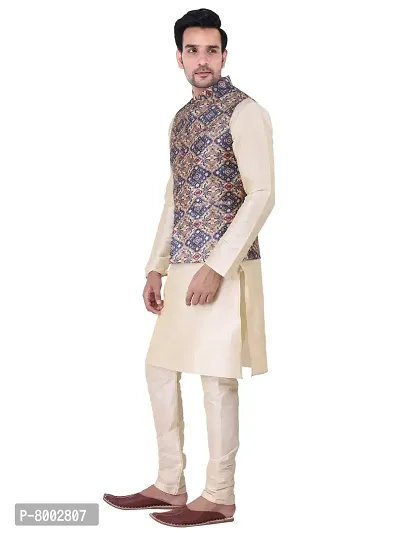 Sadree Men's Traditional Kurta Pajama with Blue Multi Printed Jacket for Men Ethnic Wear Occasion For (Birthday,Wedding, Ceremony, Casual, Engagement) |Jacket  Kurta Pyjama Set (42, Cream)-thumb3