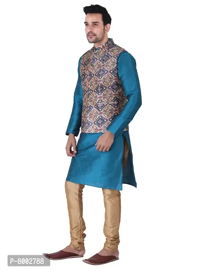 Sadree Men's Traditional Kurta Pajama with Blue Multi Printed Jacket for Men Ethnic Wear Occasion For (Birthday,Wedding, Ceremony, Casual, Engagement) |Jacket  Kurta Pyjama Set-thumb3