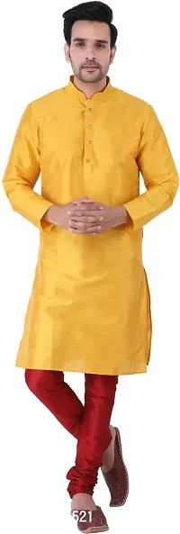 Stylish Yellow Silk Blend Solid Kurta With Bottom Wear Set For Men-thumb0