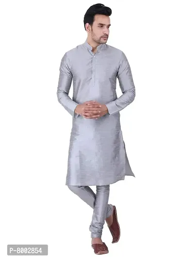 Sadree Men's Silk Kurta Pyjama Set Multi Design | Ban Collor Long Sleeve Dupion Silk Solid Kurta Churidar Pyjama for Men (44, Gray)