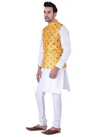 Sadree Men's Silk Kurta Pyjama with Stylish Yellow Floral Nehru Jacket (38, White)-thumb2
