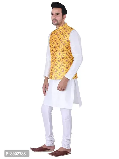 Sadree Men's Silk Kurta Pyjama with Stylish Yellow Floral Nehru Jacket (38, White)-thumb3