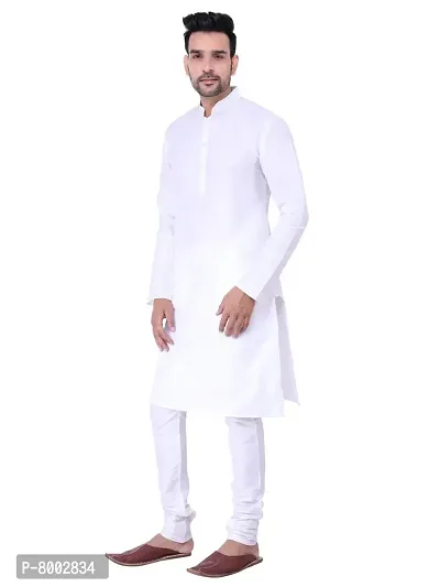 Sadree Men's Silk Kurta Pyjama Set Multi Design | Ban Collor Long Sleeve Dupion Silk Solid Kurta Churidar Pyjama for Men (42, White)-thumb3