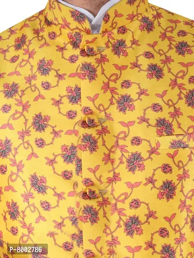 Sadree Men's Silk Kurta Pyjama with Stylish Yellow Floral Nehru Jacket (38, White)-thumb5