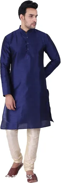 Stylish Navy Blue Silk Blend Solid Kurta With Bottom Wear Set For Men