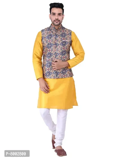 Sadree Men's Traditional Kurta Pajama with Blue Multi Printed Jacket for Men Ethnic Wear Occasion For (Birthday,Wedding, Ceremony, Casual, Engagement) |Jacket  Kurta Pyjama Set-thumb0