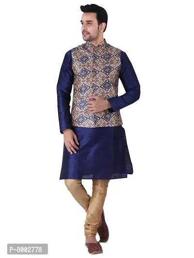 Sadree Men's Traditional Kurta Pajama with Blue Multi Printed Jacket for Men Ethnic Wear Occasion For (Birthday,Wedding, Ceremony, Casual, Engagement) |Jacket  Kurta Pyjama Set