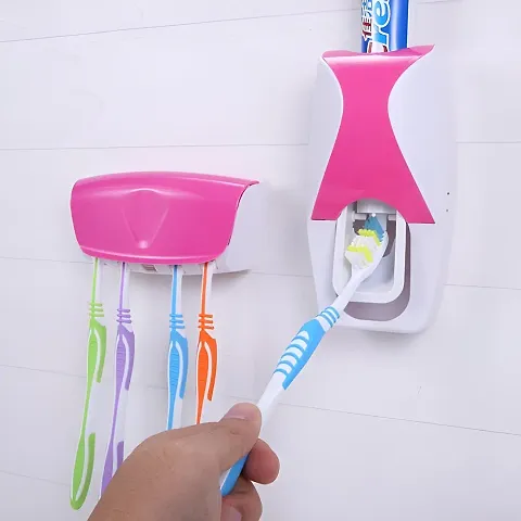SHREEJIIH Plastic Toothpaste Dispenser with 5 Toothbrush Holder with Sticky Suction Pad (Multi Color)