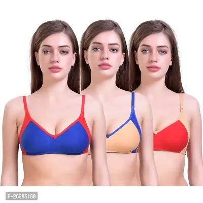 Stylish Multicoloured Cotton Blend Colourblocked Bras For Women Pack Of 3