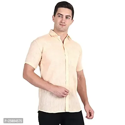 Men's Plain Solid Khadi Cotton Half Sleeves Regular Fit Shirt (Size 42) (Light-Yellow)