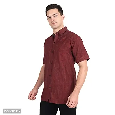 Men's Plain Solid Khadi Cotton Half Sleeves Regular Fit Shirt (C Mehroon) (46) Red,40(Khadi Collection_12345)