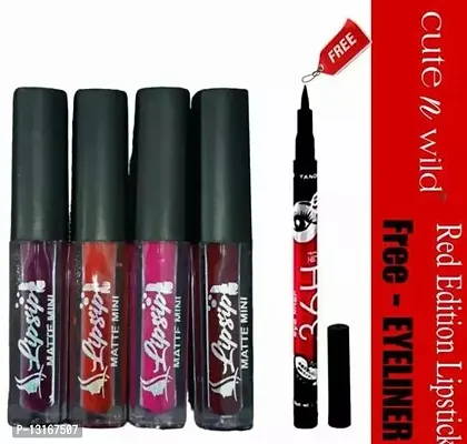 Lipsip 4Pc Red Edition Lipstick With Free Liquid Eyeliner