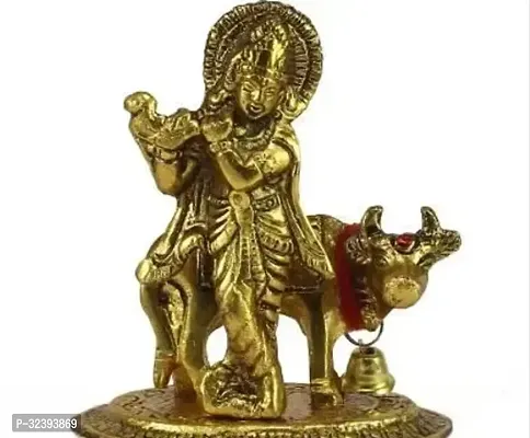 Lord Krishna playing Flute with Golden Cow Decorative Showpiece-thumb0