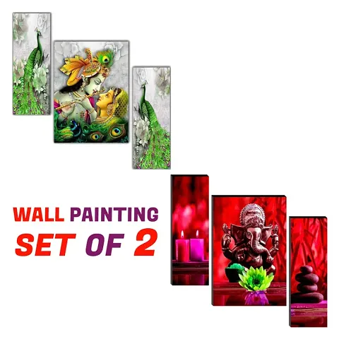 JTS Set Of 2 Ganesha And Radha Krishna Paintings of 6(3x2) Pc Set Self Adhesive Wall Painting Size 12x18 Inches