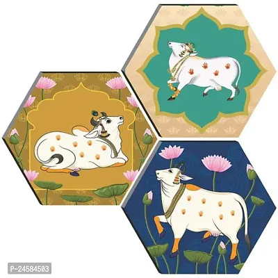 JTS Set of 3 Cow Hexagon Painting Digital Reprint 17 inch x 17 inch Painting  (With Frame, Pack of 3)