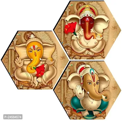 JTS Set of 3 Ganesh Ji Hexagon UV Wall MDF Panel Paintings 17X17 INCH Digital Reprint 17 inch x 17 inch Painting  (Without Frame)
