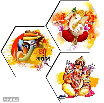 JTS-Set of 3 Ganesh Ji Hexagon UV Wall MDF Panel Paintings 17X17 INCH Digital Reprint 17 inch x 17 inch Painting  (Without Frame)
