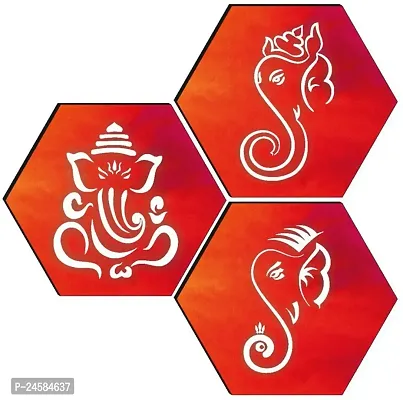 JTS Set of 3 Ganesh Ji Hexagon UV Wall MDF Panel Paintings 17X17 INCH Digital Reprint 17 inch x 17 inch Painting  (Without Frame)-thumb0