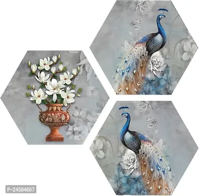 JTS Set of 3 White Flowers in the Pot with Pair of Peacock Hexagon Pieces MDF Painting (3621HEX) without glass (17 inch x 17 inch) Digital Reprint 17 inch x 17 inch Painting  (Without Frame, Pack of 3-thumb0