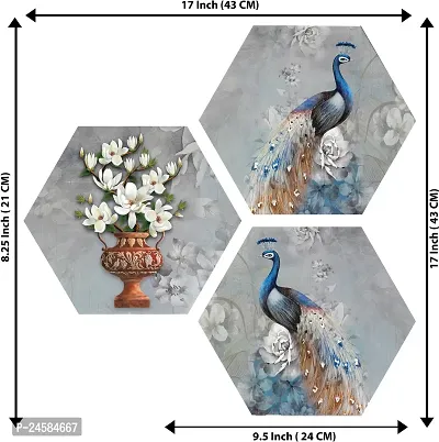 JTS Set of 3 White Flowers in the Pot with Pair of Peacock Hexagon Pieces MDF Painting (3621HEX) without glass (17 inch x 17 inch) Digital Reprint 17 inch x 17 inch Painting  (Without Frame, Pack of 3-thumb4