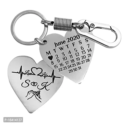 Calendar Key Chain With Memorial Date Matt Finish Steel Metal For Occasion Anniversary Loved One Birthday Valentine Day Heart Shape 38X38Mm-thumb0