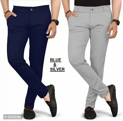 Pack of 2 Men Slim Fit Blue Silver Lycra Blend Trousers-thumb0