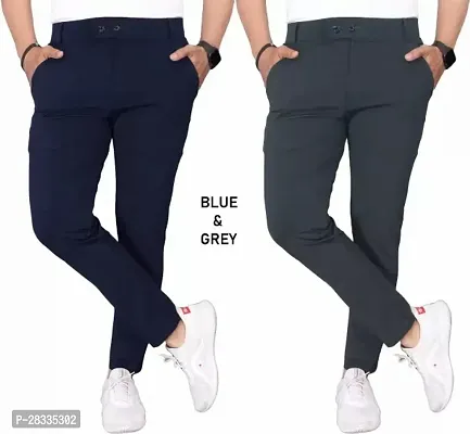 Pack of 2 Men Slim Fit Blue Grey Lycra Blend Trousers-thumb0