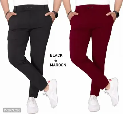 Pack of 2 Men Slim Fit Black Maroon Lycra Blend Trousers