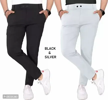 Pack of 2 Men Slim Fit Black Silver Lycra Blend Trousers-thumb0