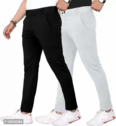 Pack of 2 Men Slim Fit Black Silver Lycra Blend Trousers