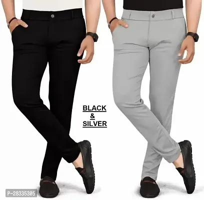 Pack of 2 Men Slim Fit Black Silver Lycra Blend Trousers-thumb0