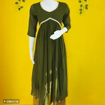 Elegant Green Chiffon Solid A-Line Kurta For Women