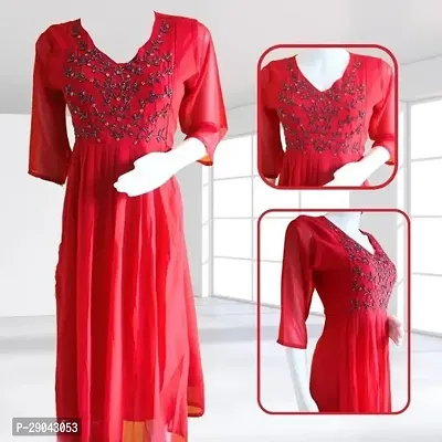 Elegant Red Chiffon Embroidered Flared Kurta For Women