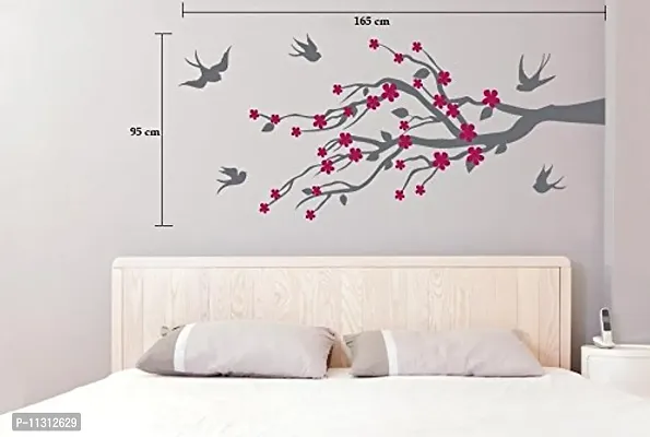 Asmi Collections PVC Wall Stickers Gray Branches Pink Flowers and Birds-thumb2