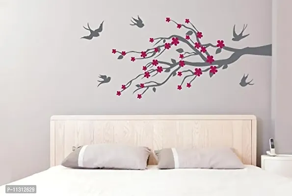 Asmi Collections PVC Wall Stickers Gray Branches Pink Flowers and Birds